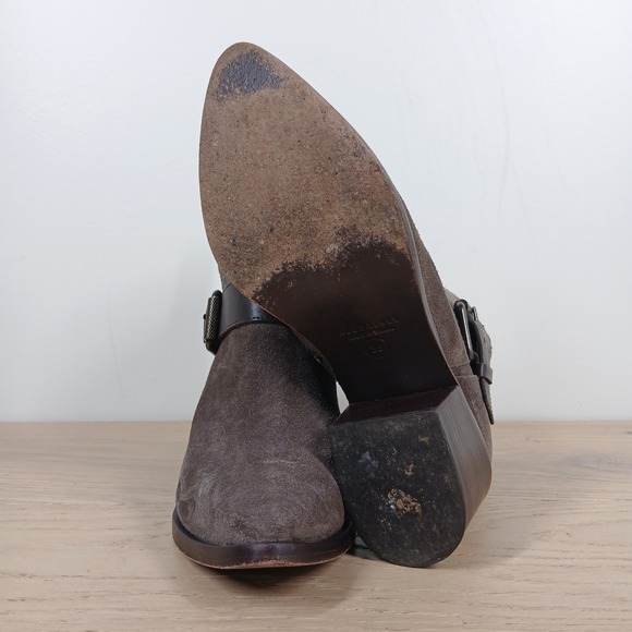 All Saints Boots Women 7 Brown Leather Buckle Ankle Block Heel Zip